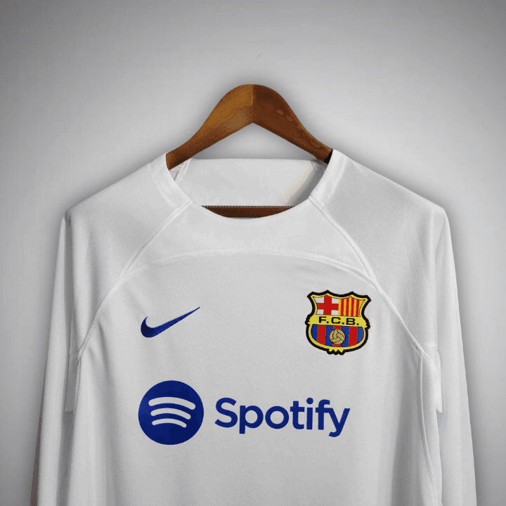 23/24 FC Barcelona White Long Sleeve Away Kit from FootballPrestige.shop - Premium Concept kits