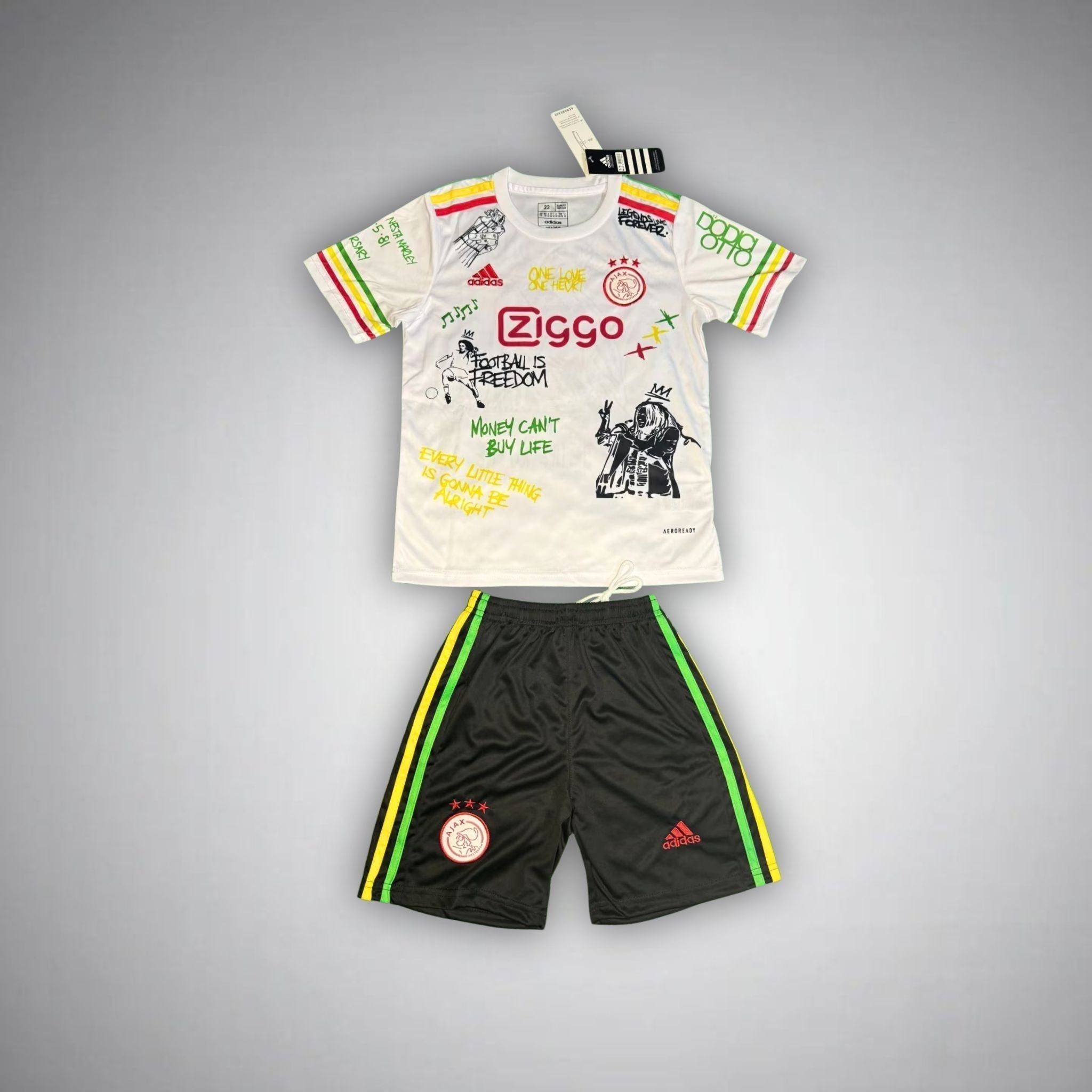 Ajax "Bob Marley" White Premium Kids Size Kit from FootballPrestige.shop - Premium Concept kits